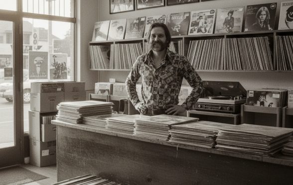 Dueño de una tienda de discos posando tras el mostrador de su local